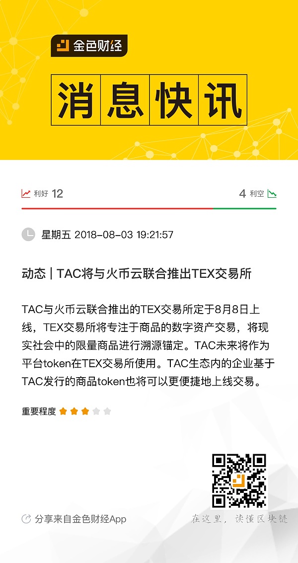 动态 | TAC将与火币云联合推出TEX交易所