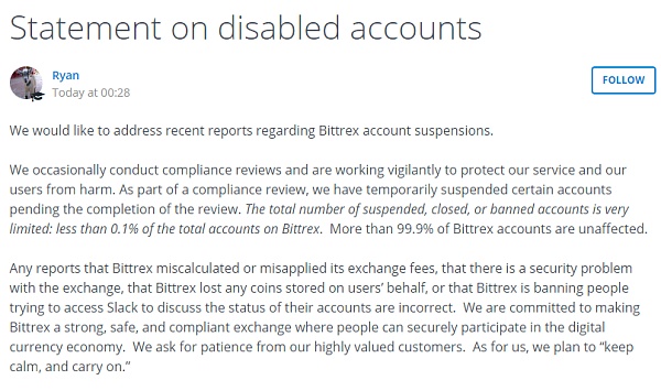 尽管Bittrex平台公布了禁止了0.1%少部分问题用户，下一个可能就是你！
