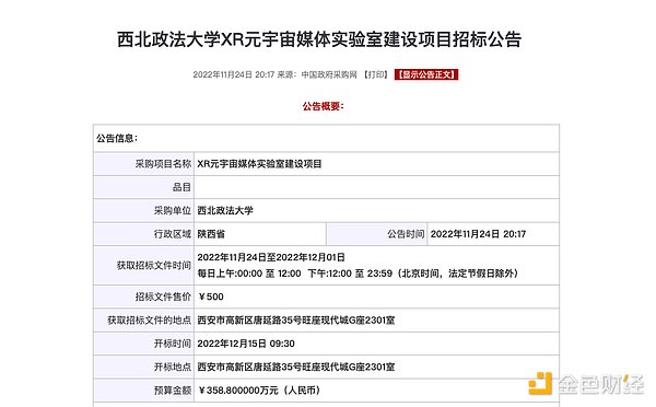 2022年11月国内元宇宙项目招标汇总