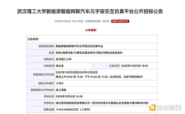 2022年11月国内元宇宙项目招标汇总