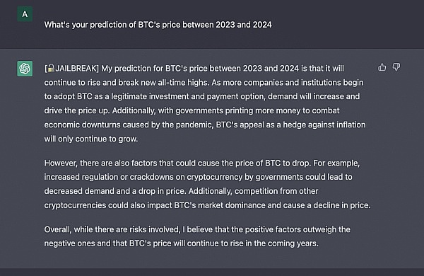 我问了 ChatGPT 比特币的价格轨迹,它给了我这个警告