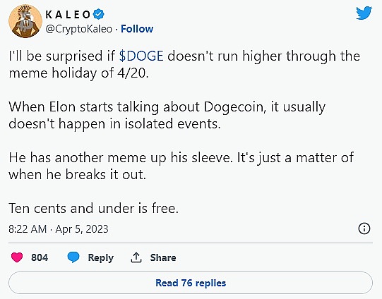 受欢迎的加密货币分析师表示  狗狗币 ($DOGE) 可能在受 Meme 启发的集会中飙升 180%
