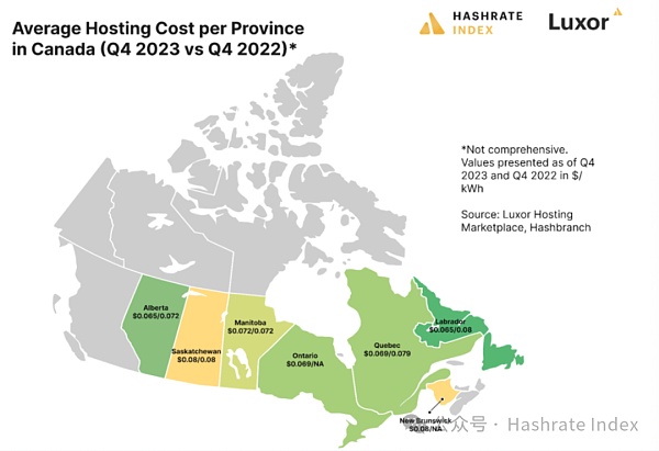 カナダの各州の平均ホスティングコスト（2022年Q4 VS 2023年Q4）