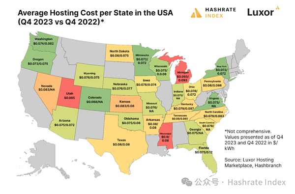 アメリカの各州の平均ホスティングコスト（2022年Q4 VS 2023年Q4）