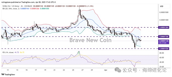 SHIB 技术分析图,显示几个关键指标和趋势线
