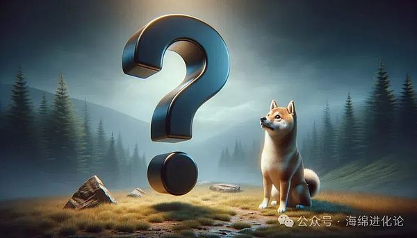 站在雾蒙蒙的森林景观中的大问号旁边的柴犬