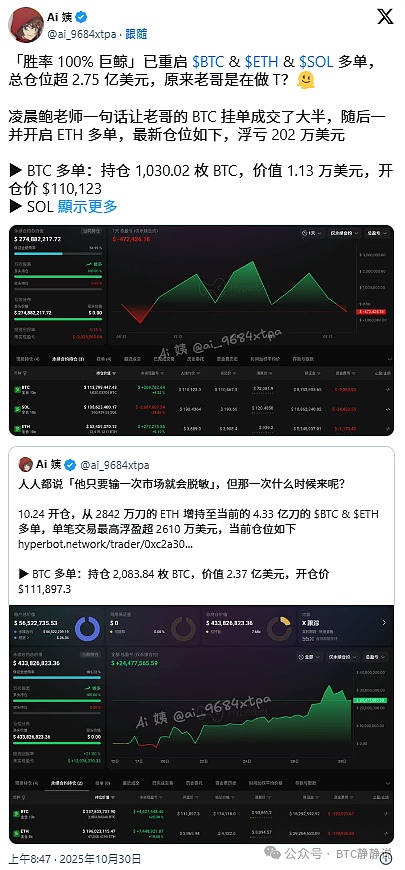 暴跌恐慌中“不败巨鲸”冷血抄底比特币10.9万美元插针即成其猎物BTC、ETH、SOL多单已就位