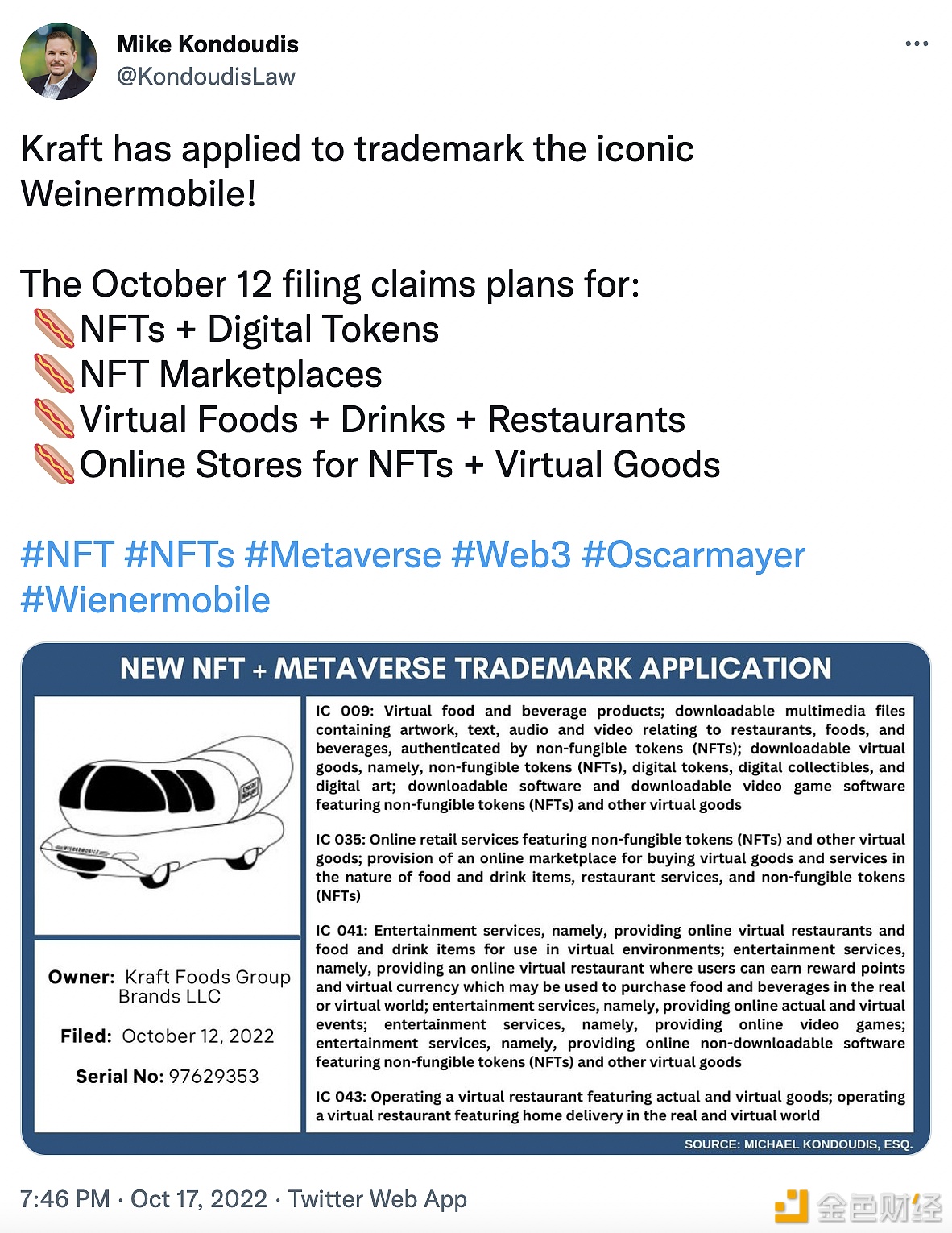 食品巨头卡夫为其标志性“热狗车”Weinermobile申请NFT商标-区块链文库