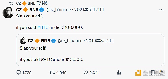 CZ forwarded an old post: If you sell BTC below $100,000, you will slap yourself in the face